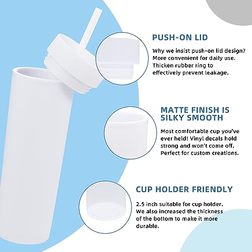 Volhoply 16oz Plastic Skinny Tumbler with Lid and Straw Bulk 4 Pack,Insulated Double Wall BPA Free Matte Acrylic Tumblers,Iced Coffee Travel Mug Reusable Party Cup,Customizable Diy Gifts(White,4 Set) - color: White