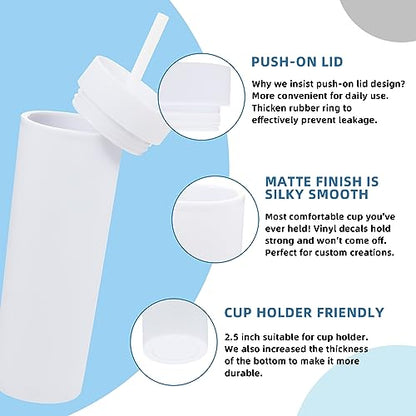 Volhoply 16oz Plastic Skinny Tumbler with Lid and Straw Bulk 4 Pack,Insulated Double Wall BPA Free Matte Acrylic Tumblers,Iced Coffee Travel Mug Reusable Party Cup,Customizable Diy Gifts(White,4 Set) - color: White