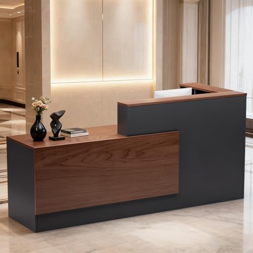 L-Shaped Large Wooden Reception Desk, Modern Front Desk Reception Counter with Lockable Drawers & Storage & Keyboard Tray, for Checkout, Lobby(Left-Walnut/Gray, 71''L x 42''W x 41''H) - color: Walnut+gray, size: Left-71''L x 42''W x 41''H