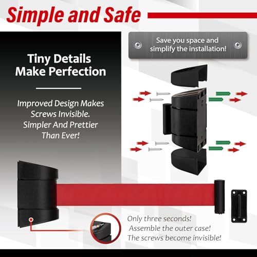 DuraSteel Wall Mount Crowd Control Retractable Belt Barrier - 6.5 Ft Red Retractables Barrier Belt w/ABS Casing, Do Not Enter Crowd Control Barriers Line Divider NOT Stanchions with Retractable Belts - color: Red Belt, size: Guardian 2.0 Black Case