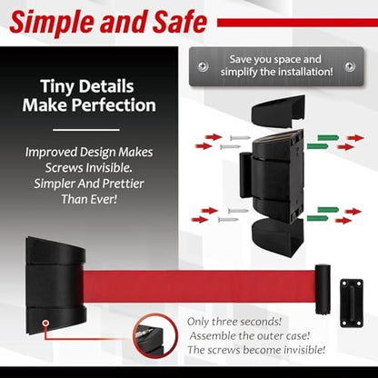 DuraSteel Wall Mount Crowd Control Retractable Belt Barrier - 6.5 Ft Red Retractables Barrier Belt w/ABS Casing, Do Not Enter Crowd Control Barriers Line Divider NOT Stanchions with Retractable Belts - color: Red Belt, size: Guardian 2.0 Black Case
