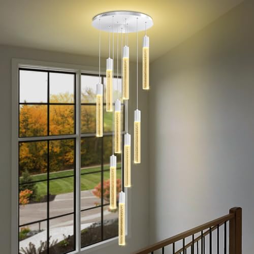 9-Light Silver High Ceiling Crystal Staircase Chandelier, Modern Spiral Raindrop Crystal Column Bubble Dimmable LED Cluster Hanging Chandeliers for Foyer Living Room Entrance - color: Silver, size: 9-Light