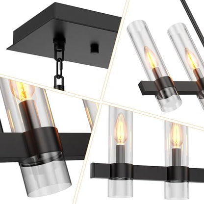 6-Light Linear Chandelier for Dining Room Clear Glass Shades Black