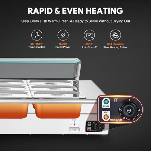 WILPREP 12-Pan Commercial Food Warmer with Sneeze Guard, Twelve 1/3 Pans, 1500W Countertop Electric Steam Table, 86-185°F Adjustable Temp Control, Stainless Steel Buffet Bain Marie - size: 1/2 pan*12