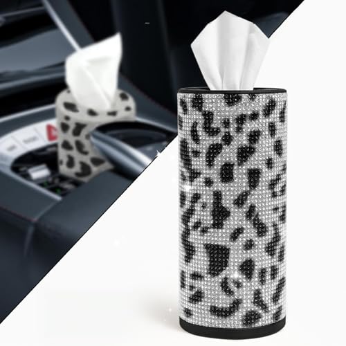Bling Car Tissue Holder for Cup Holder – Sparkly Rhinestone Round Tissue Dispenser with 1 Pack Tissues – Fits Standard Auto Cup Holders – Stylish Car Interior Accessory for Women (Cow) - color: Cow