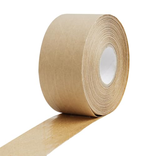 Reinforced Water Activated Gummed Kraft Paper Tape,1.9 inch x 49.2 yd Brown Packing Tape for Heavy Duty Secure Packing and Shipping