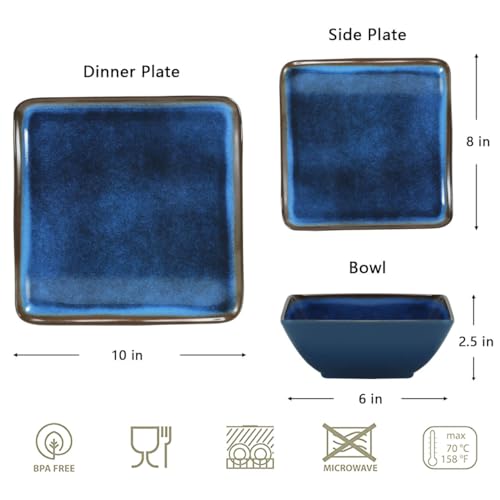 Melamine Dinnerware Set, 12-Piece Blue Square Plates and Bowls for 4