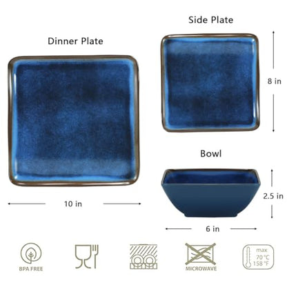 Melamine Dinnerware Set, 12-Piece Blue Square Plates and Bowls for 4