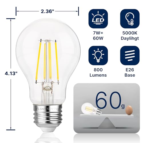 FLSNT 60W Equivalent Dimmable A19 LED Light Bulbs, Efficient 7W, 800Lumens, 5000K Daylight, CRI82, E26 Standard Base, 15000 Hours, LED Filament Light Bulbs, Clear Glass, 4 Pack - color: 60w Daylight, size: 4 Count (Pack of 1)