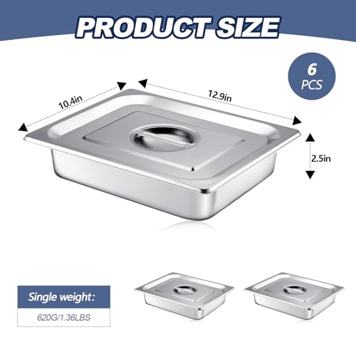 Mifoci 6 Sets Stainless Steam Table Pan with Lid, 2.5 Inch Deep,1/2 Size - size: 1/2 Size
