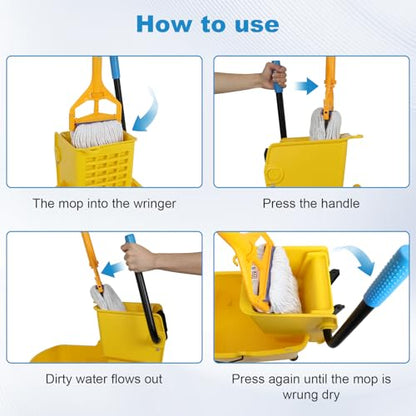 35 Qt Commercial Mop Bucket with Side Press Wringer on Wheels,Mop and Bucket Set, Add One Industrial Mop and One Mop Head Replacement