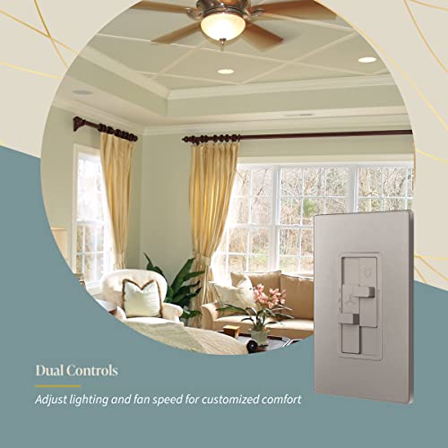 TOPGREENER Ceiling Fan Control and Light Dimmer Switch, 3-Speed, Nickel - color: Nickel, size: Dimmer Switch with Fan