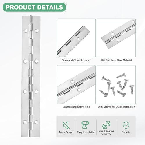 M METERXITY 2-Pack Piano Hinges, 8 Inch / 200mm Stainless Steel Continuous Piano Hinge with Holes and Screws for Cabinets Door/Storage Box [1.2X 0.04/ 30x 1mm Open Width Thick, Silver Tone] - color: Silver Tone, size: 8x1.2x0.04"