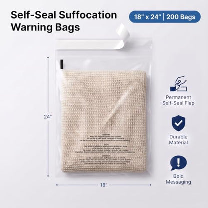 18” X 24” (200 Count) Self Seal Clear Poly Bags with Suffocation Warning - size: 18" x 24"