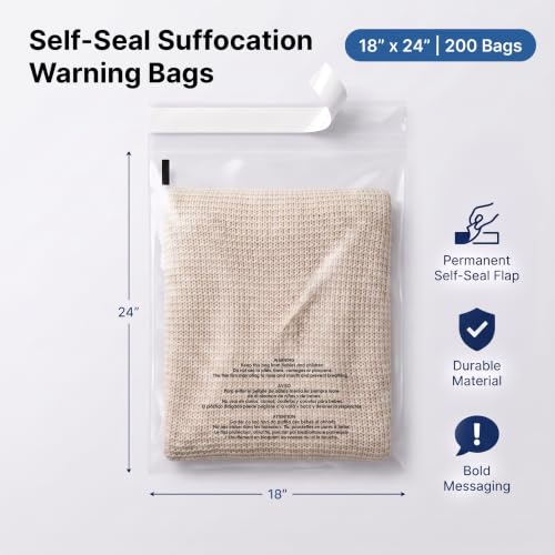18” X 24” (200 Count) Self Seal Clear Poly Bags with Suffocation Warning - size: 18" x 24"