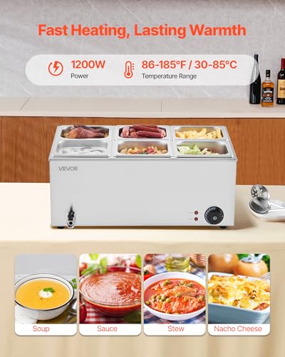 VEVOR 6-Pan Commercial Food Warmer, 24QT Electric Steam Table, 1200W Professional Countertop Stainless Steel Buffet Bain Marie with 86-185°F Temp Control for Catering and Restaurants, Silver - size: 6x1/6Pan ;24QT