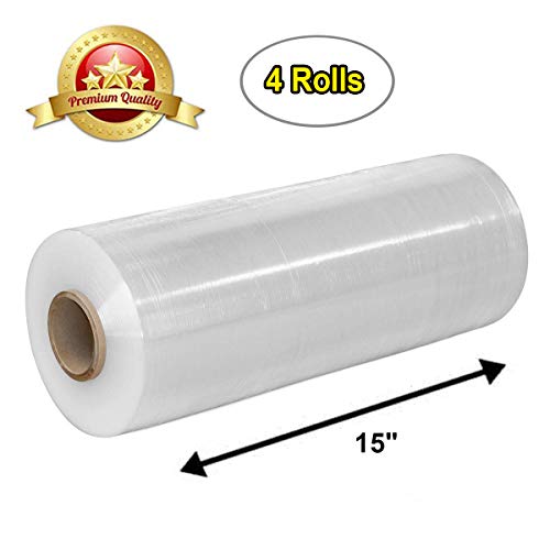 APQ 4 rolls of Cast Hand Stretch Film 15" x 1500'. Hand Stretch Wrap, 80 Gauge Thickness. Excellent Tear Resistance. Clear Residue Free Film for Moving, Shipping, Wrapping. Industrial Grade Cast Film. - size: 15" x 1500'