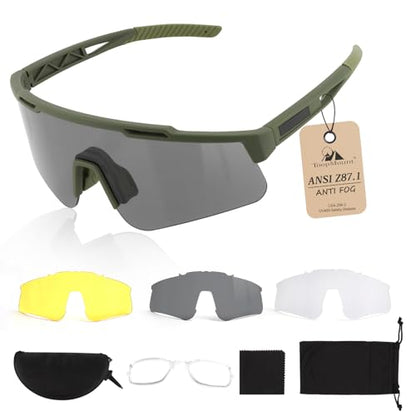 Tactical Eyewear Anti Fog, ANSI Z87.1 Sports Glasses with 3 Interchangeable Lens UV400 Protection Airsoft Goggle - color: Green Frame