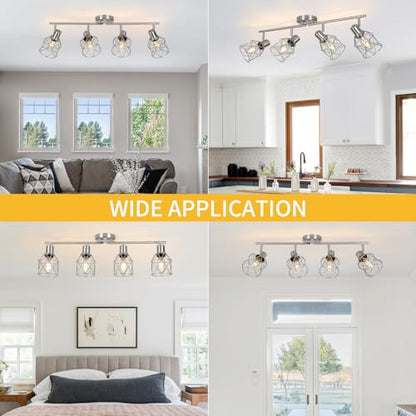 WILON Ceiling Lighting Fixtures,4 Way Track Light Fixture,4 Ceiling Spotlight,Kitchen Island Lighting Semi Flush Mount,Kitchen Track Lighting Flexibly Rotatable Light Head,E26 Base - color: Brushed Nickel, size: 4-Light-Cage