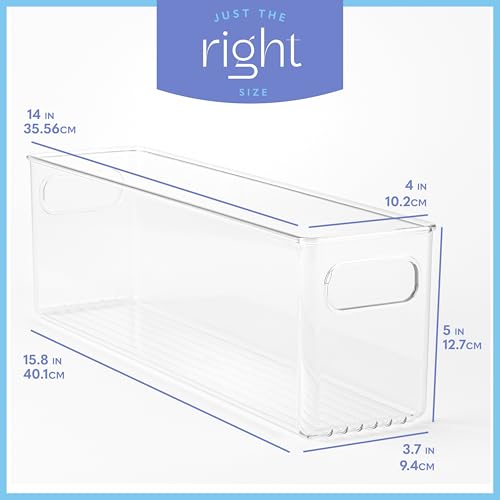 Plastic Food Storage 2 Pack Clear Container Bin with Handles for Organizing Kitchen, Pantry, Refrigerator, Freezer, Pantry, Cabinet, Closet, Bathroom. 14”x4”x5” - size: 14x4x5