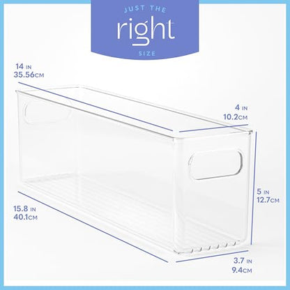 Plastic Food Storage 2 Pack Clear Container Bin with Handles for Organizing Kitchen, Pantry, Refrigerator, Freezer, Pantry, Cabinet, Closet, Bathroom. 14”x4”x5” - size: 14x4x5