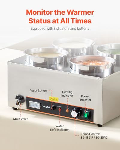 VEVOR Electric Soup Warmer, Four 6.34QT Stainless Steel Round Pot with 86~185°F Adjustable Temp, 1500W Commercial Bain Marie with Anti-Dry Burn and Reset Button, Soup Station for Restaurant, Buffet - size: 4×6L Pots