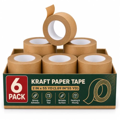 6 Pack Heavy Duty Paper Packing Tape,2 Inch Wide (1.89 in x 55 Yds),Eco Friendly & Biodegradable, Writable & Uncoated Brown Packing Tape Great for Packaging, Shipping, and Moving - size: 6
