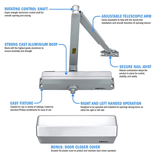 Nuk3y 9000 Series Grade 1 Heavy Duty Door Closer, Multi-Mount, Adjustable Size 1-6, ADA Compliant, UL Listed (White)