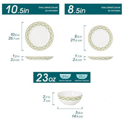 Bone China Dinnerware Set for 4, 12 Pcs White Plates and Bowls, Green Rim - color: Green