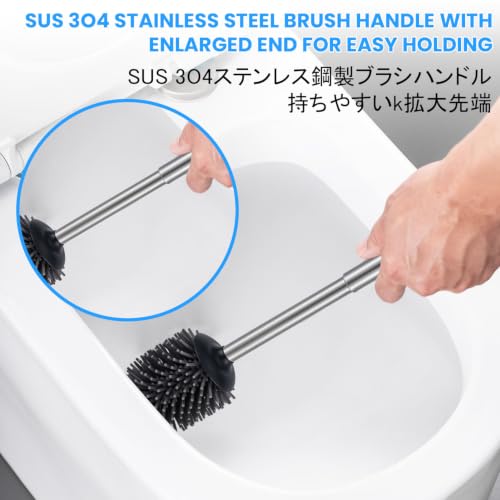 SUS304 Stainless Steel Toilet Brush and Holder Toilet Brush Bowl Cleaning Brush Double Layer Holder Long Brush Handle High Density Silicone Head