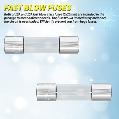 Joinfworld Panel Mount Fuse Holder 5x20mm 12V DC 250V AC Screw Cap Fuse Holders with Pre-Soldered Wires and Fast-Blow Glass Tube Fuses - 5Pack
