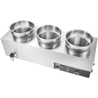 VEVOR Electric Soup Warmer, Three 7.4QT Stainless Steel Round Pot 86~185°F Adjustable Temp, 1200W Commercial Bain Marie with Anti-dry Burn and Reset Button, Soup Station for Restaurant, Buffet, Silver - size: 3*7.4QT