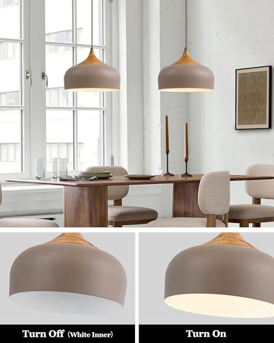 ELYONA 12" Japandi Pendant Light, Farmhouse Pendant Light Fixture with Faux Pine Wood Grain Metal Shade, Adjustable Hanging Light for Kitchen Island Dining Room Bedroom Sloped Ceiling, Caramel Brown - color: Caramel Brown