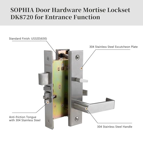 SOPHIA Commercial/Residential Heavy Duty Mortise Lockset Door Lever Lock Non-Handed Grade 1 - Escutcheon Plate Keyed Lever Lockset, ADA, US32D Satin Chrome Finish for Entrance Front Door