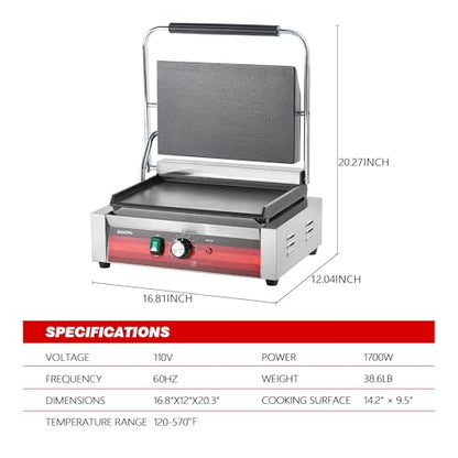EGGKITPO Commercial Electric Panini Grill with Flat Plates Stainless Steel Sandwich Maker 14"× 9.5" Cast Iron Enamel Plate Countertop Panini Press with Temperature Control for Business 110V 1700W - size: 14"×9.5” Smooth Plate