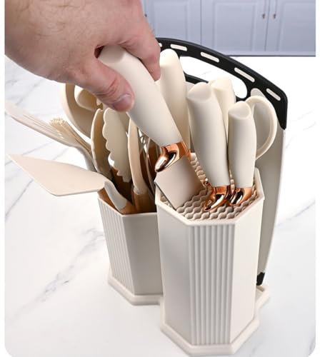 Kitchen Cooking Utensils and Knife Set with Holder Block, 19 Pieces Cooks Cutting Set 11 Pcs Silicone Cooking Utensils Sharp Stainless Steel Knives Scissors Whisk Tongs and Cutting Board (Beige) - color: Beige