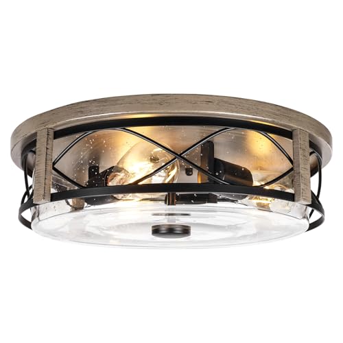 16 Inch Farmhouse Flush Mount Ceiling Light With Seeded Glass, 3-Light Wood Grain Round Lamp, Modern Large Indoor Outdoor Lighting for Kitchen Bedroom Living Dining Room - color: ROS578L BK