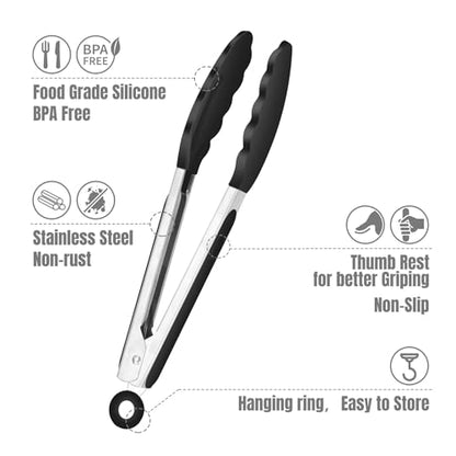 HOTEC Small Silicone Kitchen Tongs 7-Inch Mini Serving Tongs, Set of 3 - color: Black