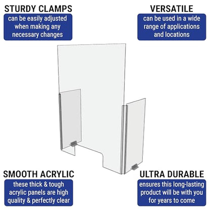 30" x 42" Acrylic Shield Plexiglass Sneeze Guard Barrier w/Cutout Transaction Opening, for Counters, Tables, Checkouts, or Desks - Shields and Protects from Coughing and Sneezing - Made in USA