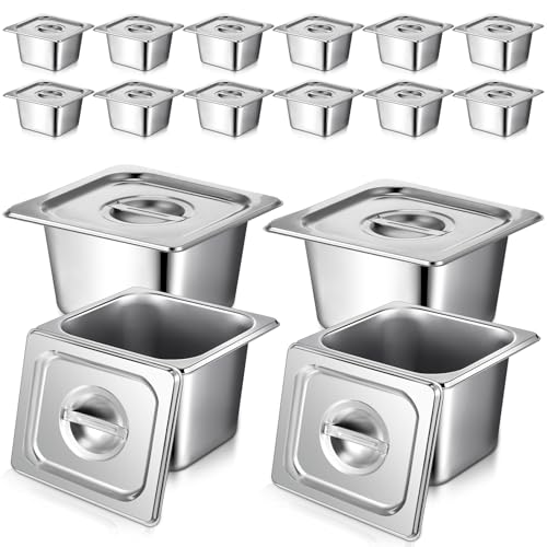 16 Set 1/6 Stainless Steel Pans with 16 Lids, 2Tongs, 4Spoons, 4 Inch Deep - size: 4 Inch