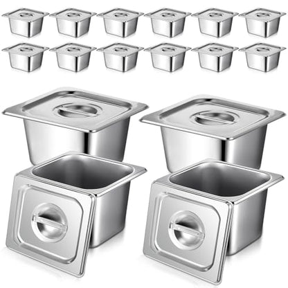 16 Set 1/6 Stainless Steel Pans with 16 Lids, 2Tongs, 4Spoons, 4 Inch Deep - size: 4 Inch