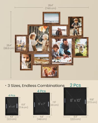 SONGMICS 10 Tool-Free Assembly Collage Photo Frames for Wall - color: Rustic Brown, size: 8*10 2 pack+ 5*7 4 pack + 4*6 4 pack