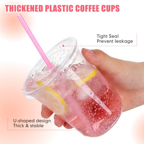 Ziliny 50 Pack 14 oz Plastic Cups with Lids Straws Iced Coffee, Pink - color: Pink, size: 14 oz
