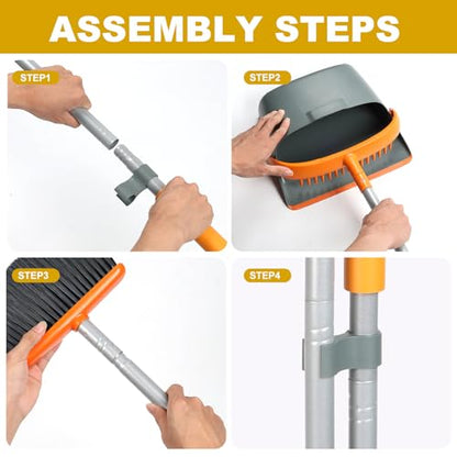 Broom and Dustpan Set with 54 Inch Long Handle - Perfect Dust Pan and Brush Combo for Home Efficient Cleaning (Orange and Grey) - color: Orange and Grey