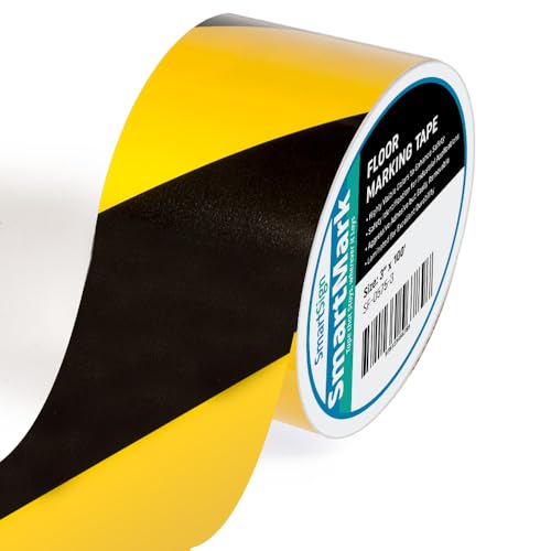SmartSign Yellow/Black Striped Floor Marking Tape, 3" x 100' Roll, Durable Polyester, Laminated Protection - Non-Abrasive, Adhesive Safety Tape for Warehouses, High Traffic/Forklift Areas, Removable - color: Yellow/Black Striped, size: 3"