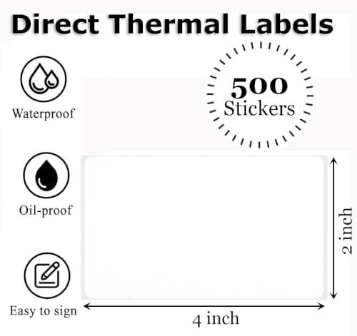 4" x 2" Thermal Labels Printable Shipping Label Stickers with Strong Adhesive, Large White Sticker Square Labels for Mailing, Shipping, Compatible with Most Thermal Printers (4" x 2"-500pcs) - style: 4" X 2"-White-500PCS