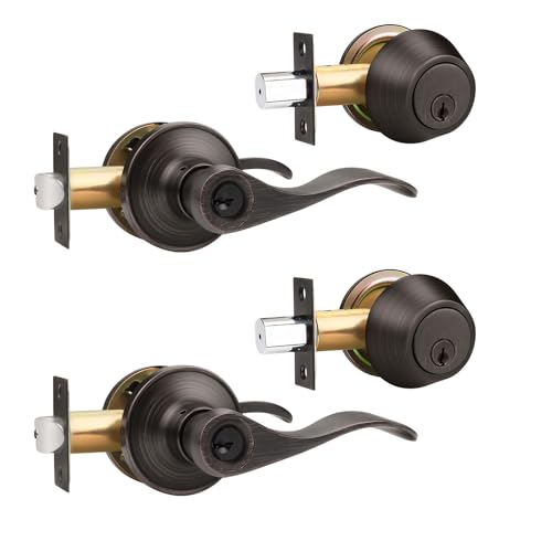 Gobrico Oil Rubbed Bronze Keyed-Alike Door Levers and Single Cylinder Deadbolts Combination Locksets, 2 Pack Front/Entry Handleset with Same Key, Reversible Wave Handles for Exterior Doors - color: Oil Rubbed Bronze, size: 2 Pack