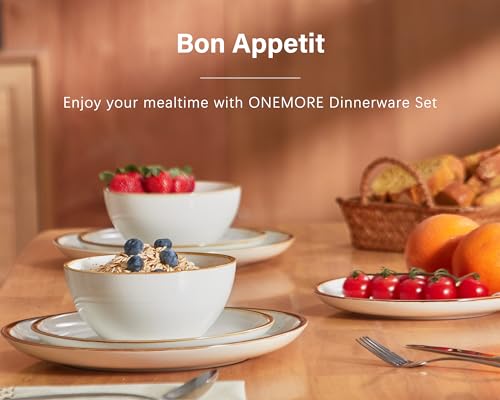 ONEMORE Plates and Bowls Set, Dinnerware Sets for 4, Porcelain Kitchen Dishes Set 12pcs, Scratch Resistant, Modern Aesthetic Dishware Sets- Microwave & Dishwasher Oven Safe,Farmhouse Style Cream White - color: Cream White