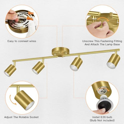 BoostArea Gold LED 4 Light Track Lighting Kit, 4 Way Ceiling Spot Lighting, Flexibly Rotatable Light Head for Kitchen, Living Room, Bedroom, Bulb Not Included - color: Gold