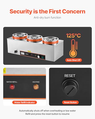 VEVOR Electric Soup Warmer, Three 6.34QT Stainless Steel Round Pot with 86~185°F Adjustable Temp, 1500W Commercial Bain Marie with Anti-Dry Burn and Reset Button, Soup Station for Restaurant, Buffet - size: 3×6L Pots